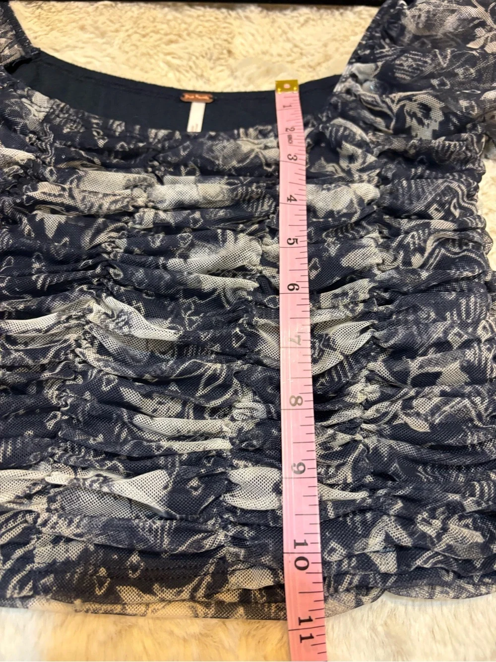 Free People Lilia Crop Top Navy Floral Ruched Mesh Balloon Sleeve L